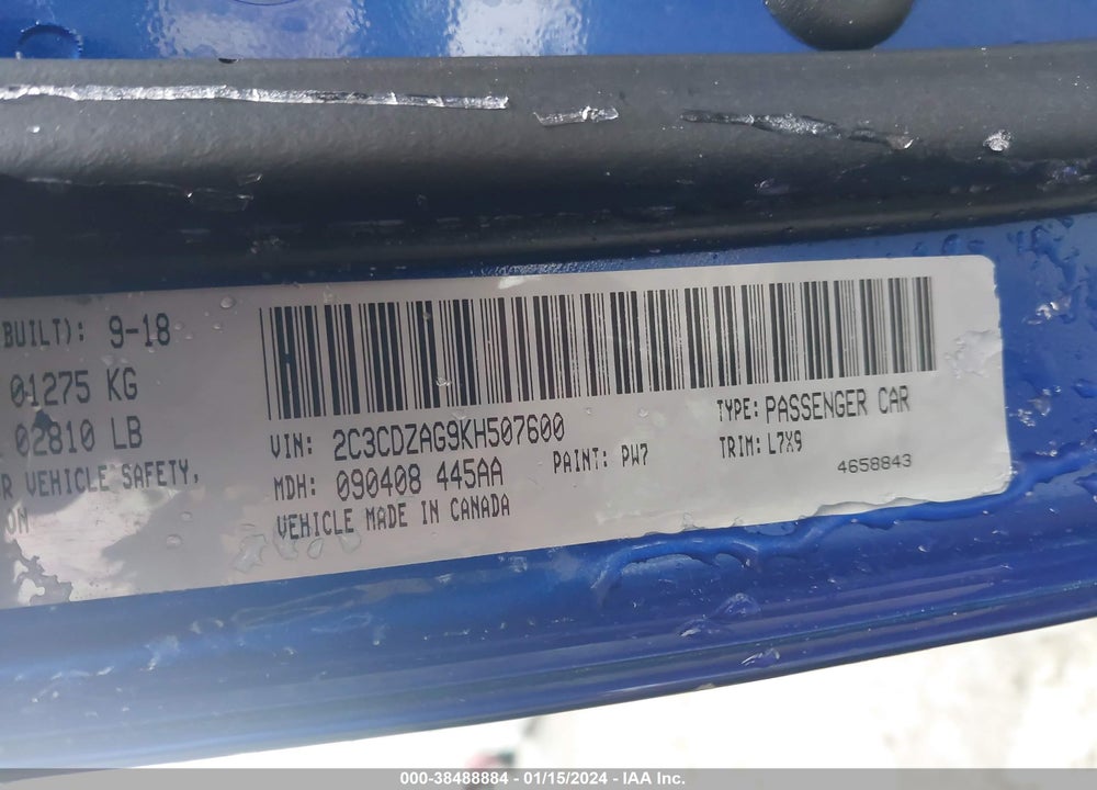 2019 DODGE CHALLENGER VIN: 2C3CDZAG9KH507600
