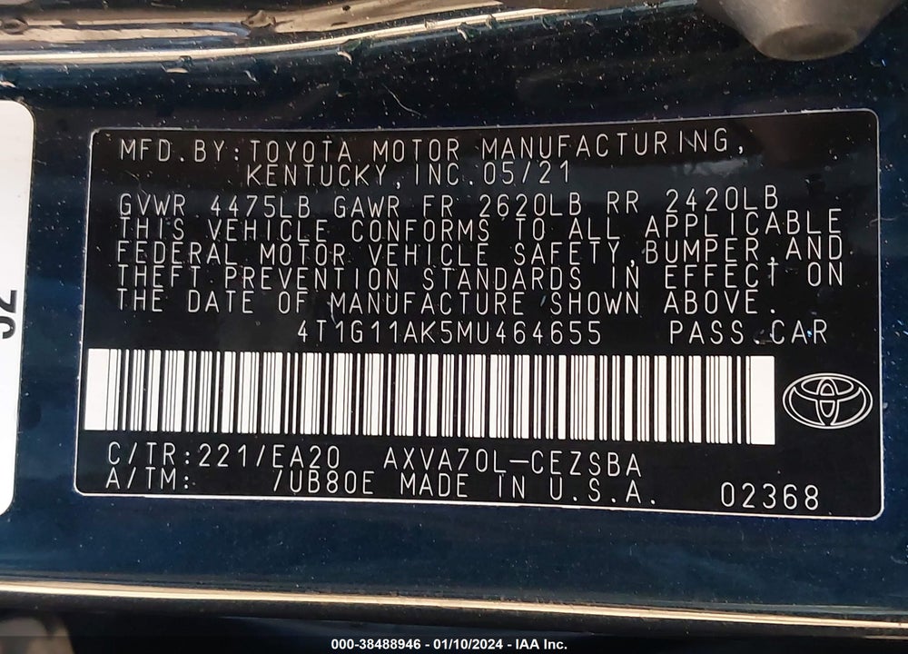 2021 TOYOTA CAMRY SE VIN: 4T1G11AK5MU464655