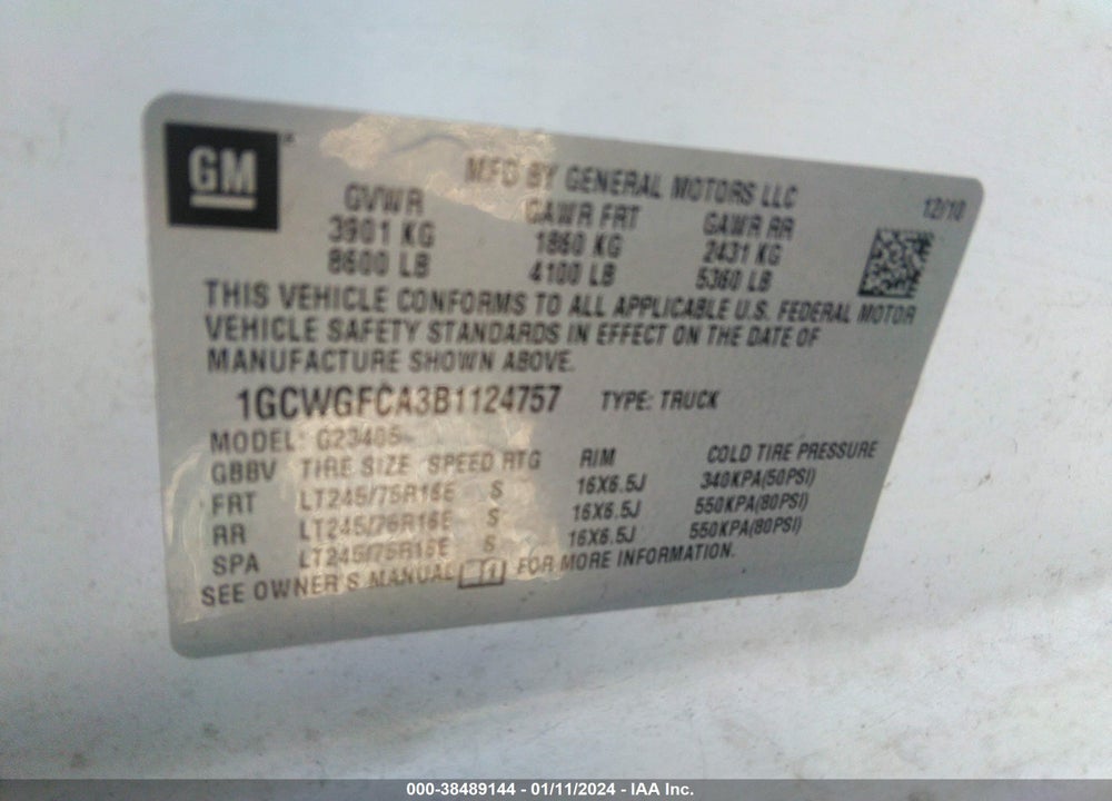 2011 CHEVROLET EXPRESS 2500 WORK VAN VIN: 1GCWGFCA3B1124757