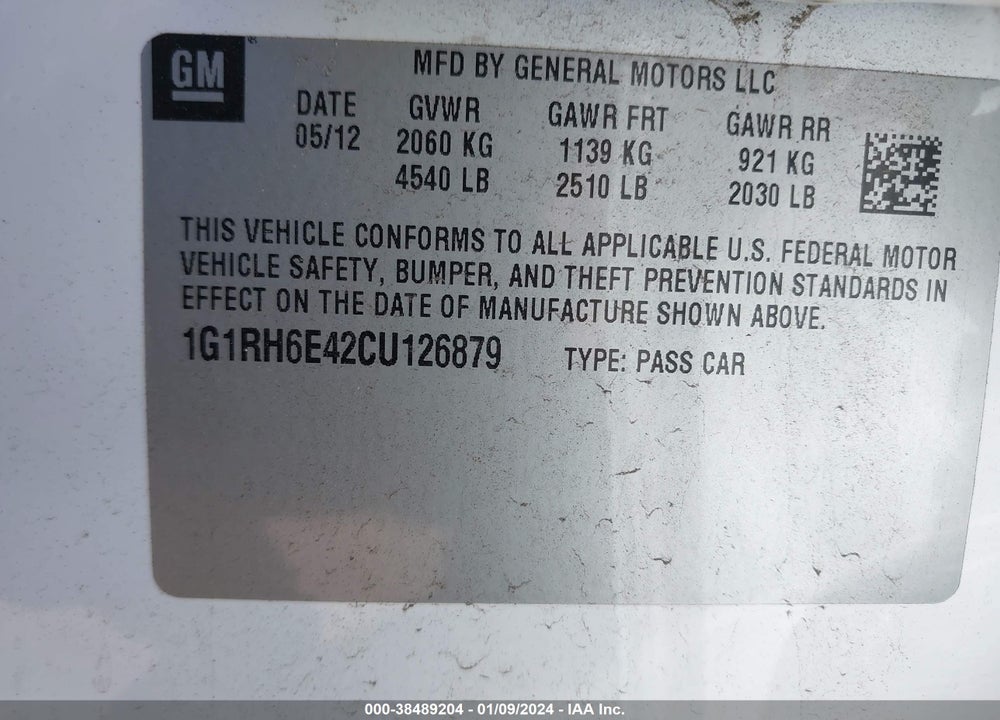 2012 CHEVROLET VOLT VIN: 1G1RH6E42CU126879