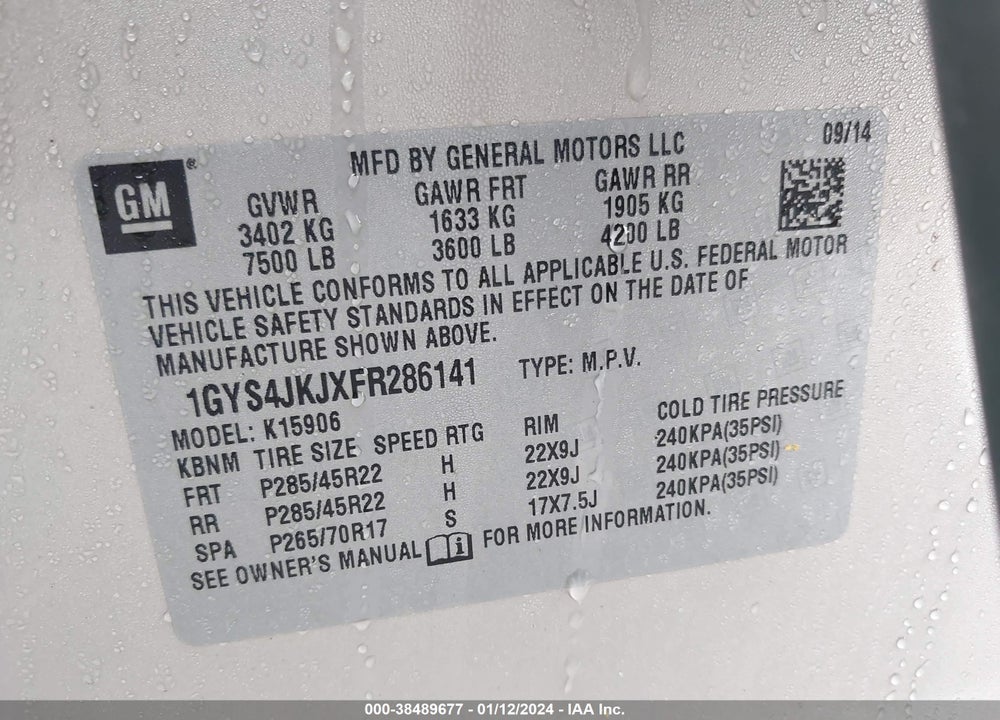 2015 CADILLAC ESCALADE ESV PREMIUM VIN: 1GYS4JKJXFR286141