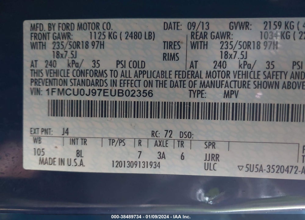 2014 FORD ESCAPE TITANIUM VIN: 1FMCU0J97EUB02356