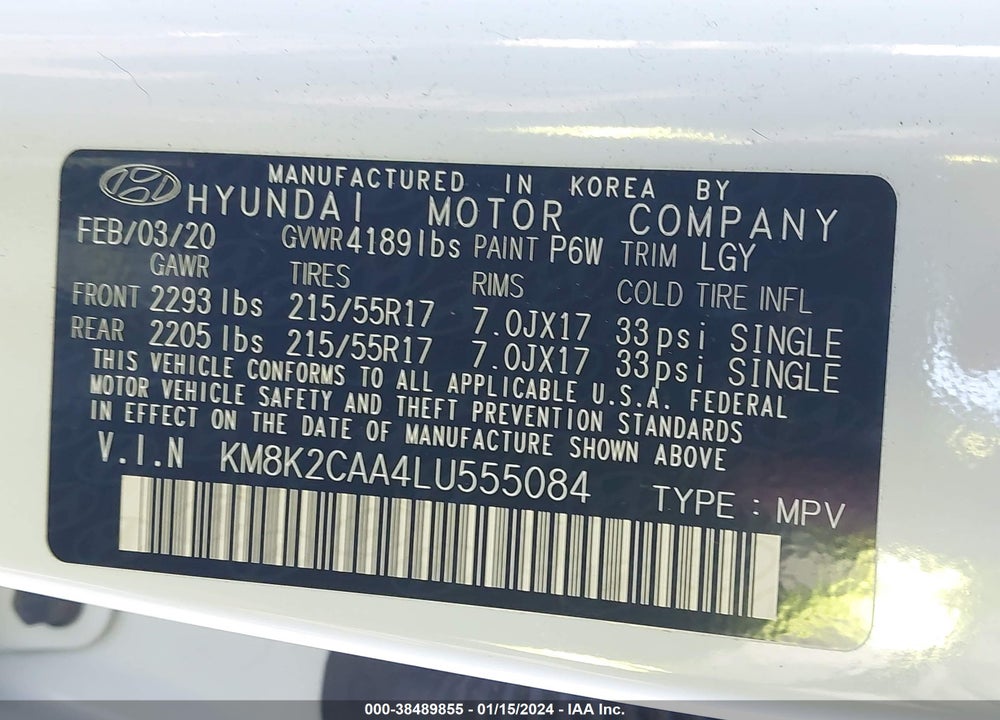 2020 HYUNDAI KONA SEL VIN: KM8K2CAA4LU555084