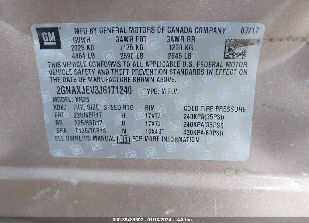2018 CHEVROLET EQUINOX LT VIN: 2GNAXJEV3J6171240