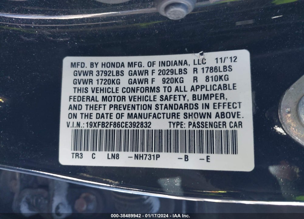 2012 HONDA CIVIC EX VIN: 19XFB2F86CE392832