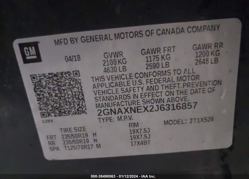 2018 CHEVROLET EQUINOX PREMIER VIN: 2GNAXNEX2J6316857