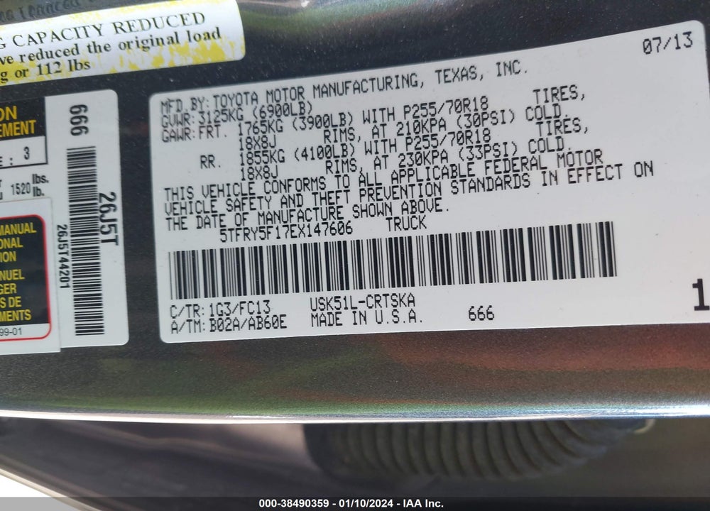 2014 TOYOTA TUNDRA VIN: 5TFRY5F17EX147606