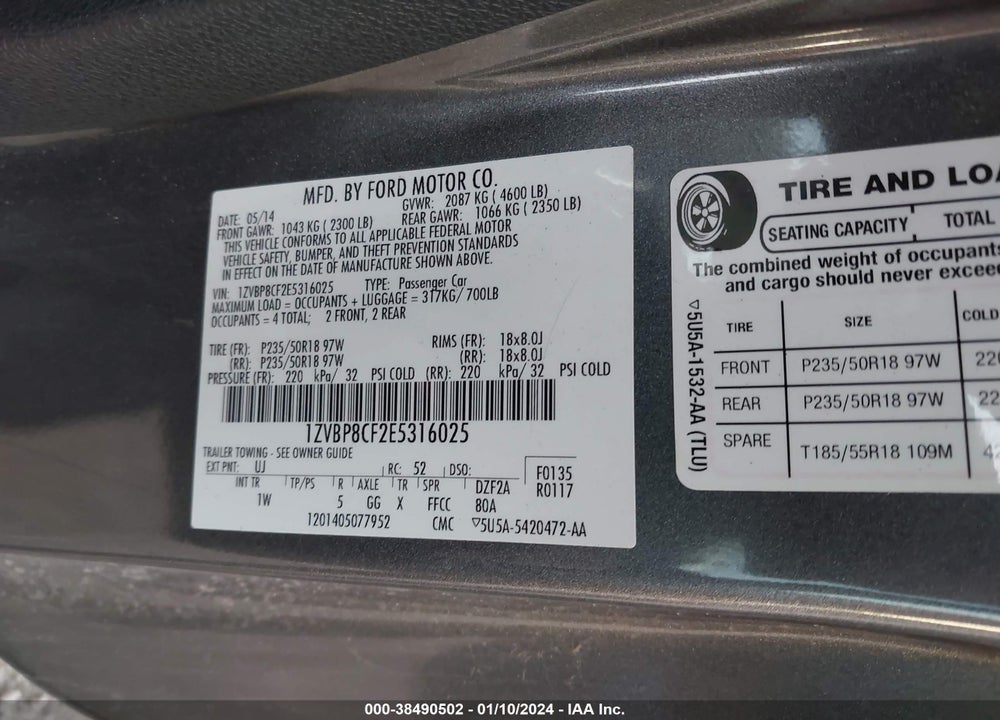 2014 FORD MUSTANG VIN: 1ZVBP8CF2E5316025