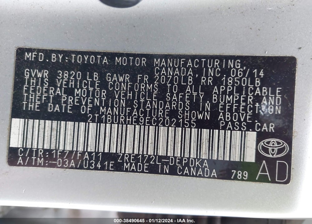 2014 TOYOTA COROLLA L VIN: 2T1BURHE9EC202155