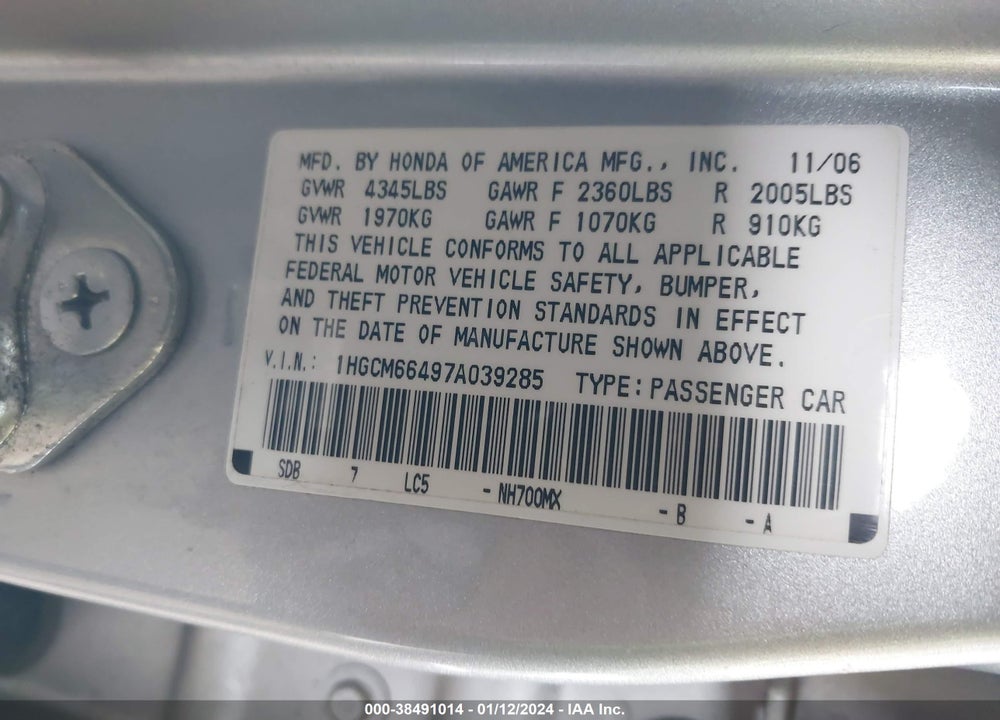 2007 HONDA ACCORD 3.0 SE VIN: 1HGCM66497A039285