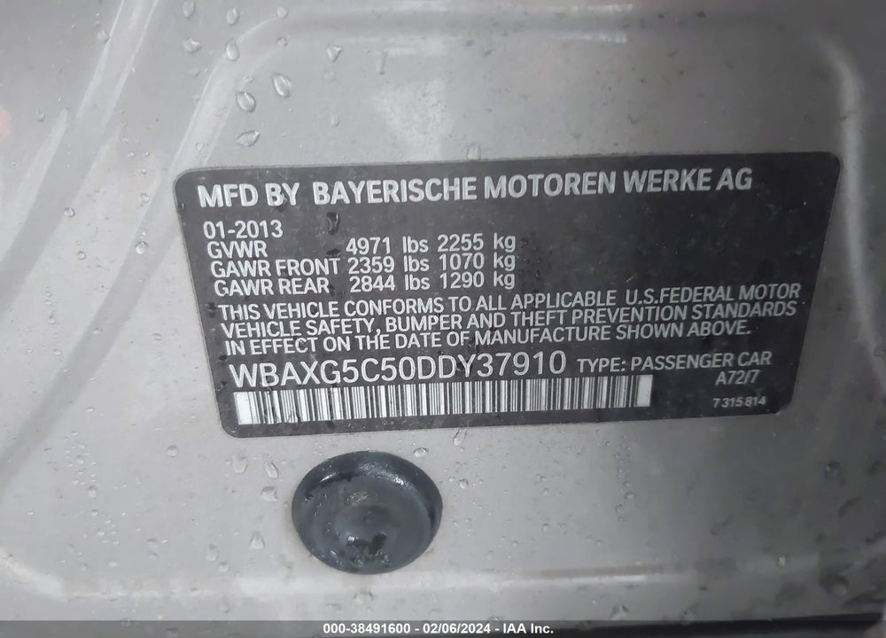 2013 BMW 528I VIN: WBAXG5C50DDY37910