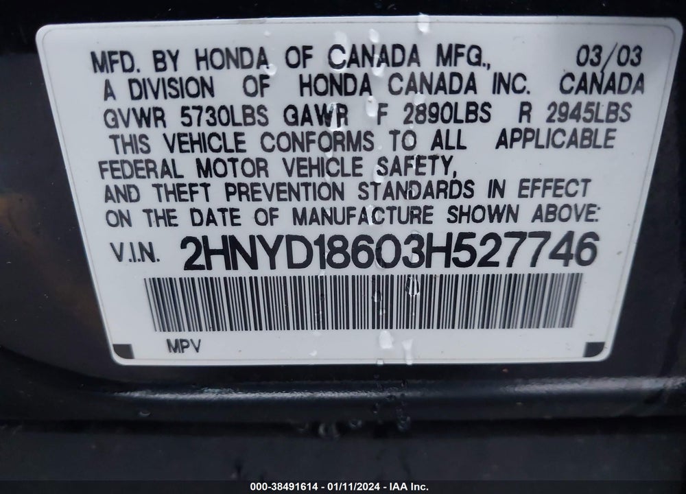 2003 ACURA MDX VIN: 2HNYD18603H527746