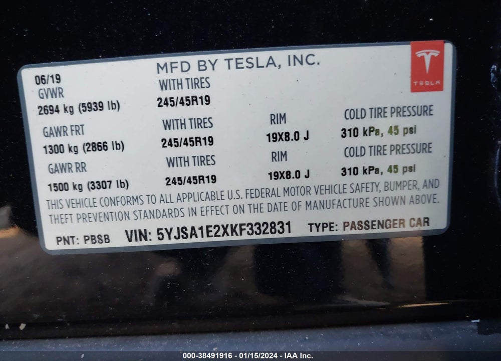 2019 TESLA MODEL S 100D/75D/LONG RANGE/STANDARD RANGE VIN: 5YJSA1E2XKF332831
