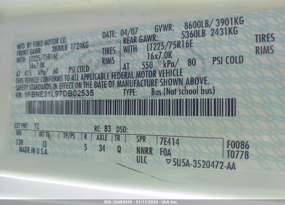 2007 FORD E-350 SUPER DUTY VIN: 1FBNE31L97DB02535