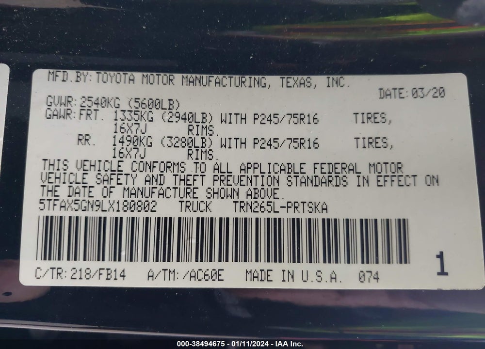 2020 TOYOTA TACOMA SR VIN: 5TFAX5GN9LX180802