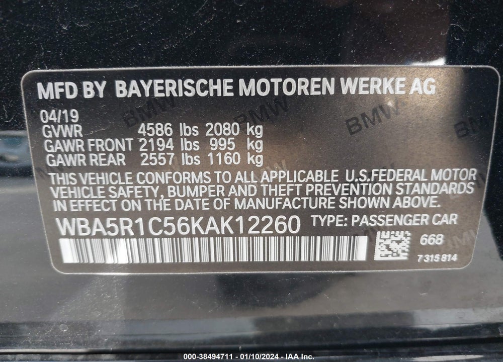 2019 BMW 330I VIN: WBA5R1C56KAK12260
