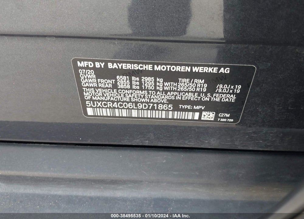 2020 BMW X5 SDRIVE40I VIN: 5UXCR4C06L9D71865