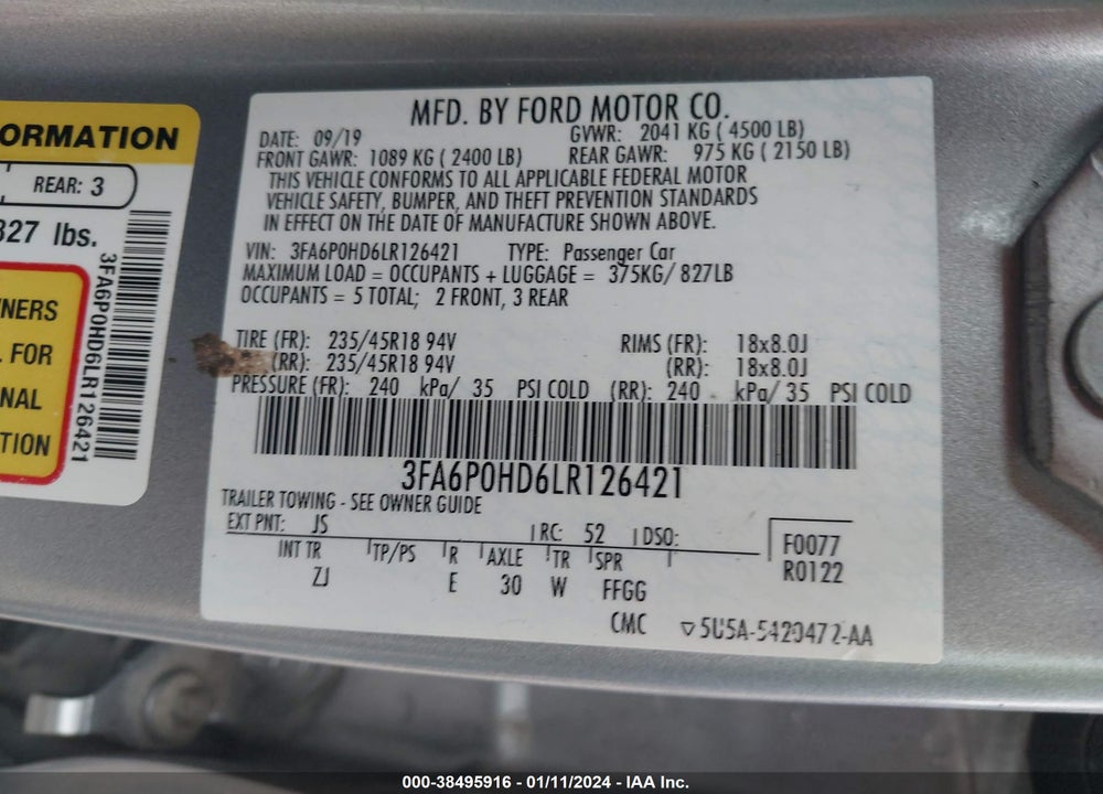 2020 FORD FUSION SE VIN: 3FA6P0HD6LR126421
