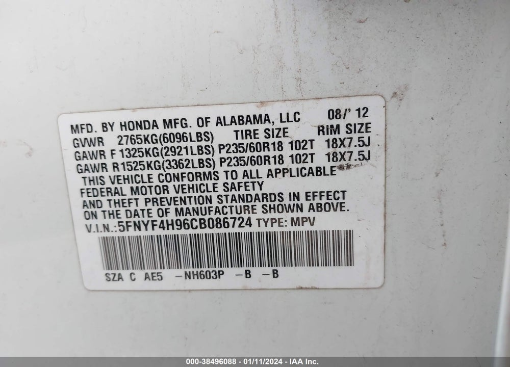 2012 HONDA PILOT TOURING VIN: 5FNYF4H96CB086724