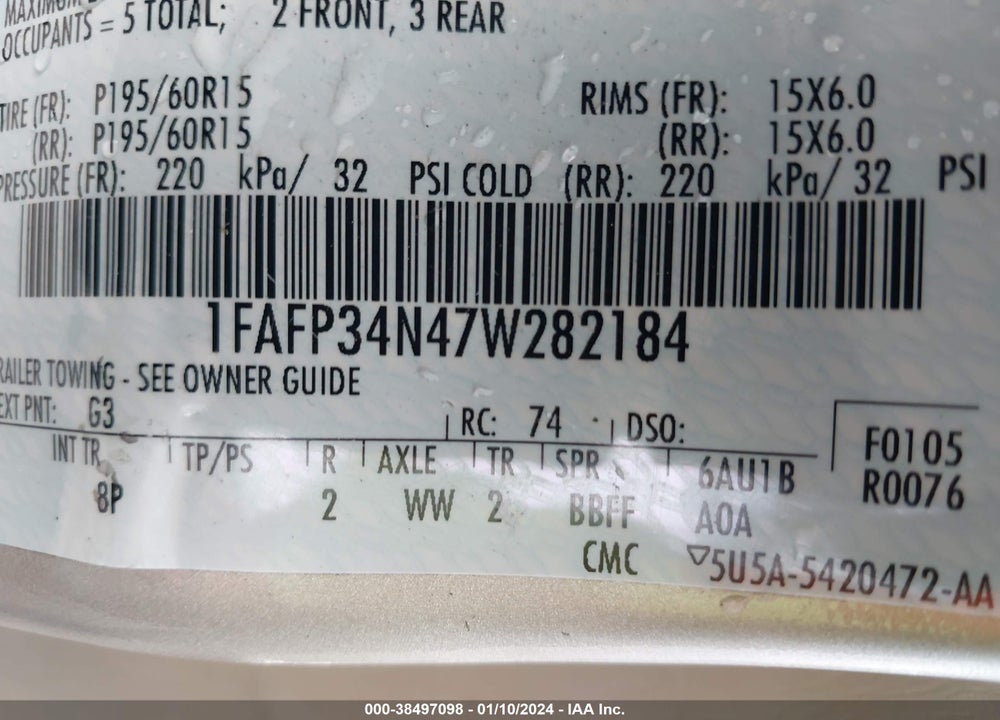 2007 FORD FOCUS S/SE/SES VIN: 1FAFP34N47W282184