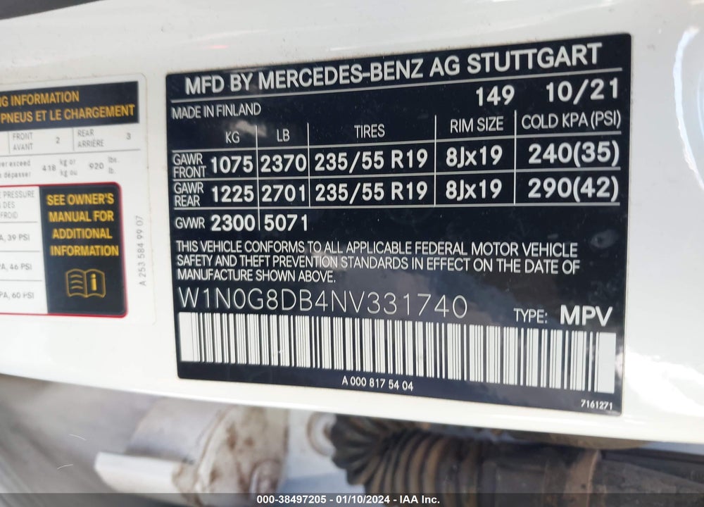 2022 MERCEDES-BENZ GLC 300 SUV VIN: W1N0G8DB4NV331740