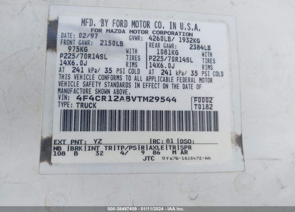1997 MAZDA B-SERIES 2WD TRUCK BASE A4/BASE M5/SE VIN: 4F4CR12A8VTM29544