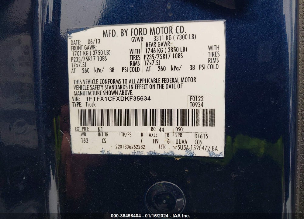 2013 FORD F-150 VIN: 1FTFX1CFXDKF35634