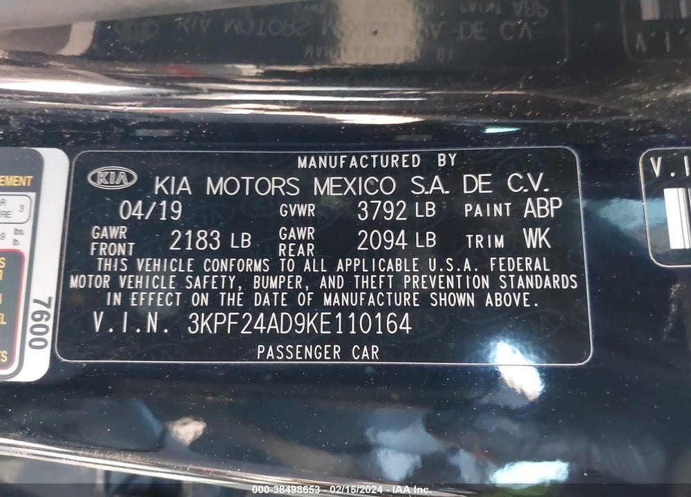 2019 KIA FORTE FE VIN: 3KPF24AD9KE110164