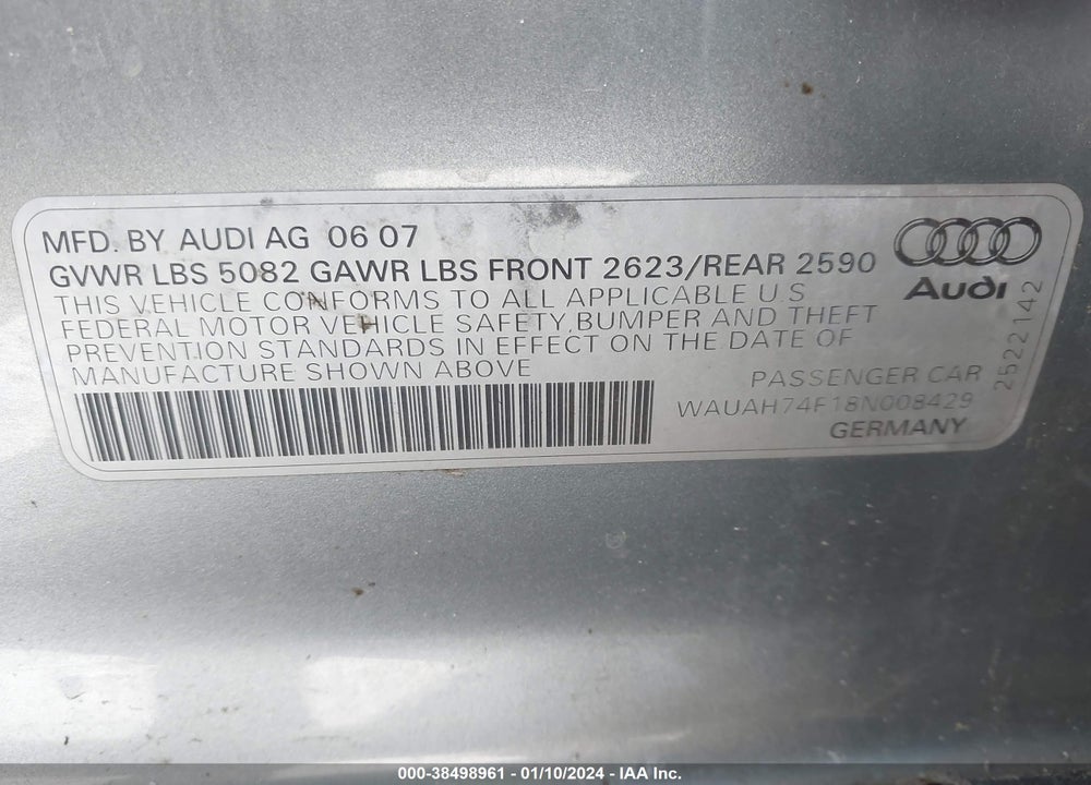 2008 AUDI A6 3.2 VIN: WAUAH74F18N008429