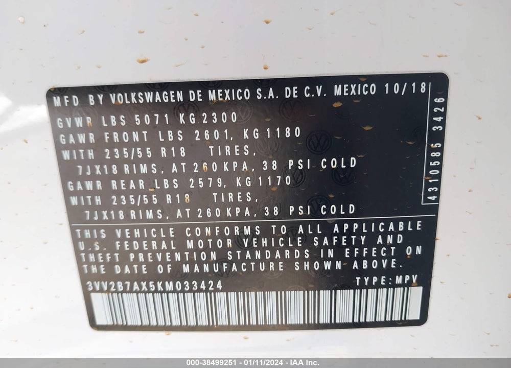 2019 VOLKSWAGEN TIGUAN VIN: 3VV2B7AX5KM033424
