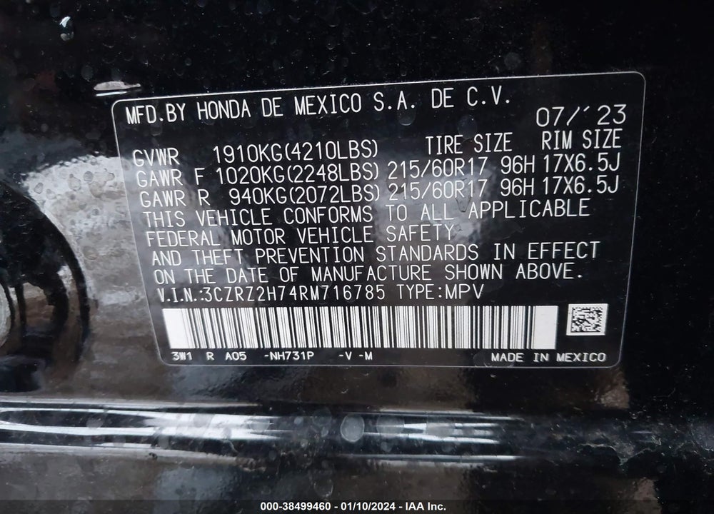 2024 HONDA HR-V AWD EX-L/AWD EX-L W/O BSI VIN: 3CZRZ2H74RM716785