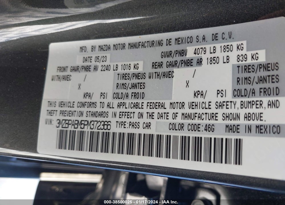 2023 MAZDA 3 2.5 S SELECT VIN: 3MZBPABM5PM372366