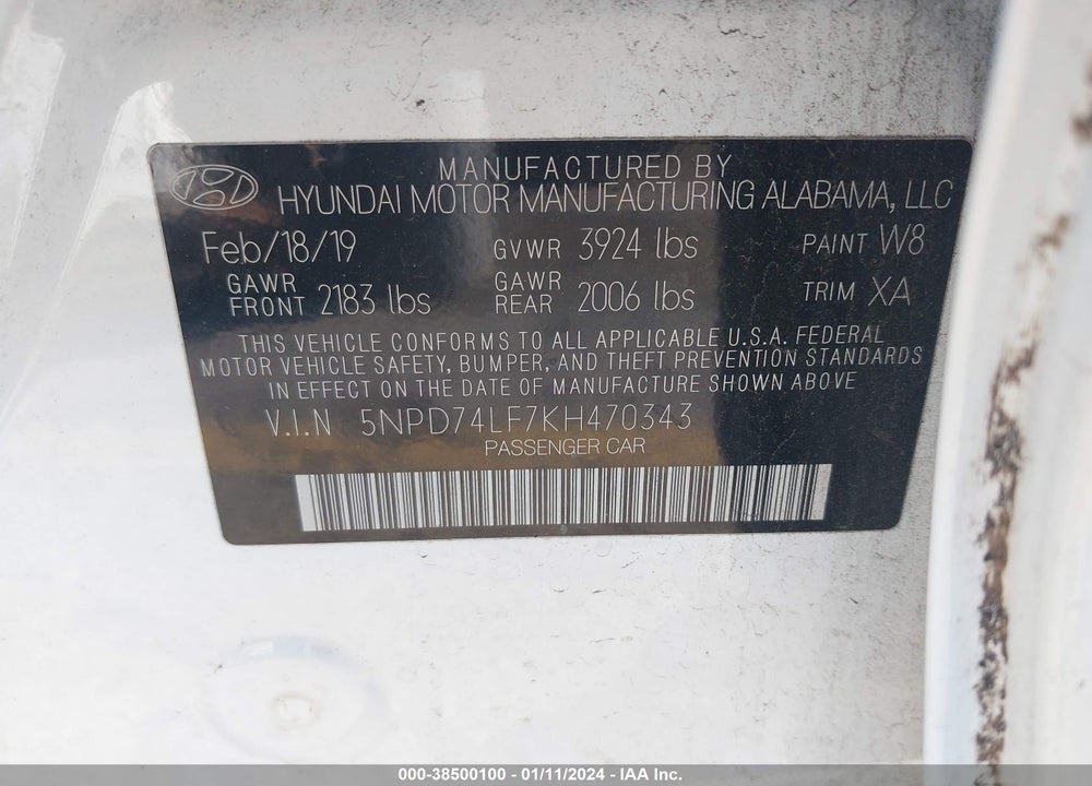 2019 HYUNDAI ELANTRA SE VIN: 5NPD74LF7KH470343