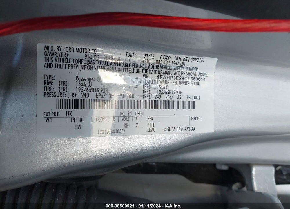 2012 FORD FOCUS S VIN: 1FAHP3E29CL360614
