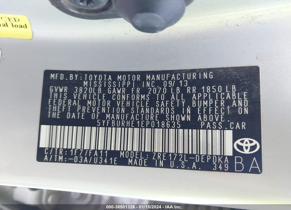2014 TOYOTA COROLLA L VIN: 5YFBURHE1EP018635