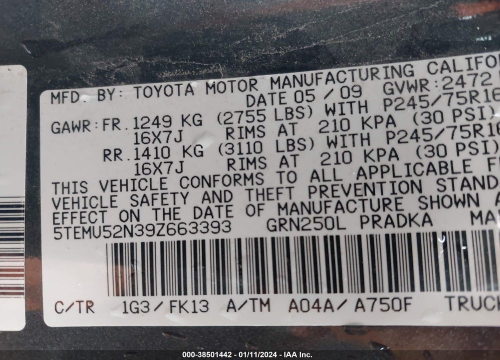 2009 TOYOTA TACOMA VIN: 5TEMU52N39Z663393