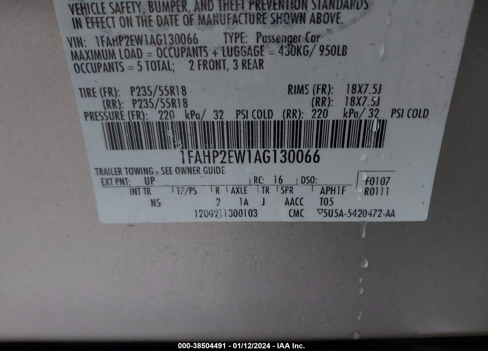 2010 FORD TAURUS VIN: 1FAHP2EW1AG130066