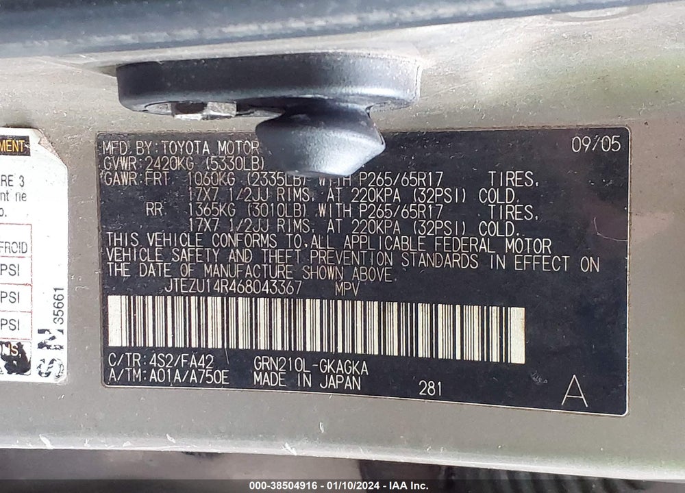 2006 TOYOTA 4RUNNER SR5 V6 VIN: JTEZU14R468043367