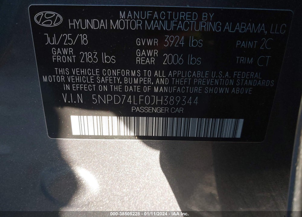 2018 HYUNDAI ELANTRA SE VIN: 5NPD74LF0JH389344