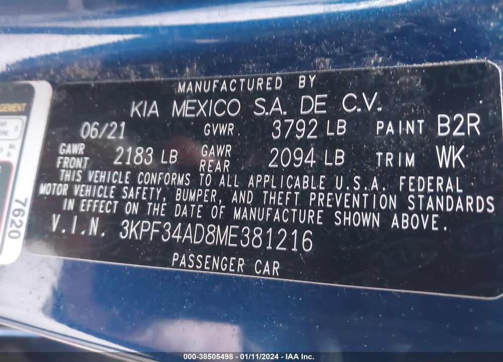 2021 KIA FORTE GT LINE VIN: 3KPF34AD8ME381216