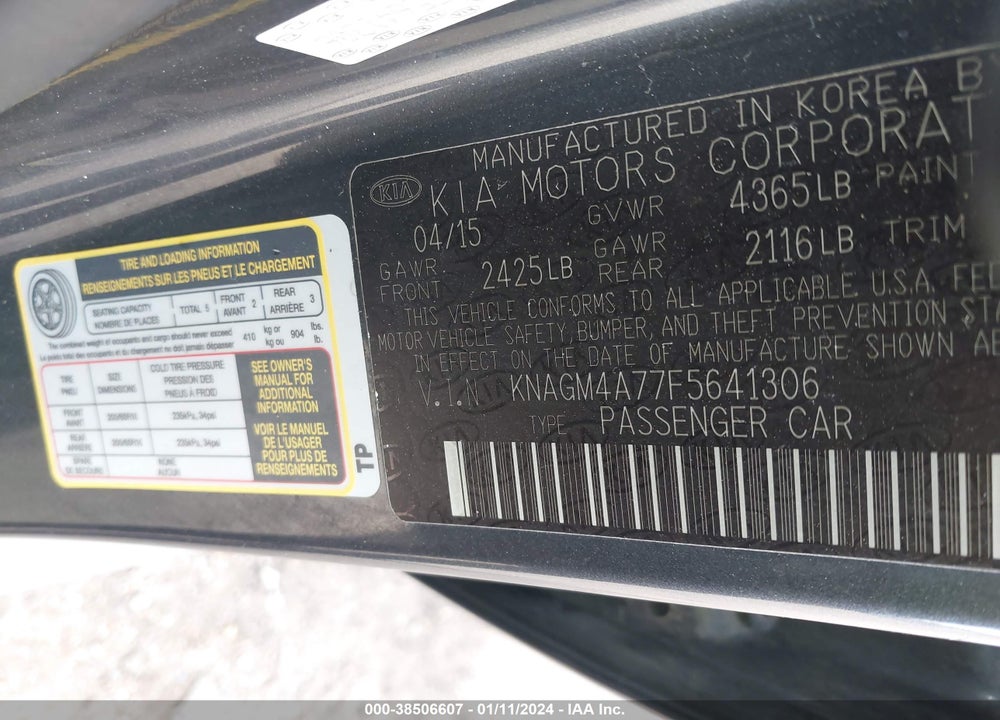 2015 KIA OPTIMA VIN: KNAGM4A77F5641306