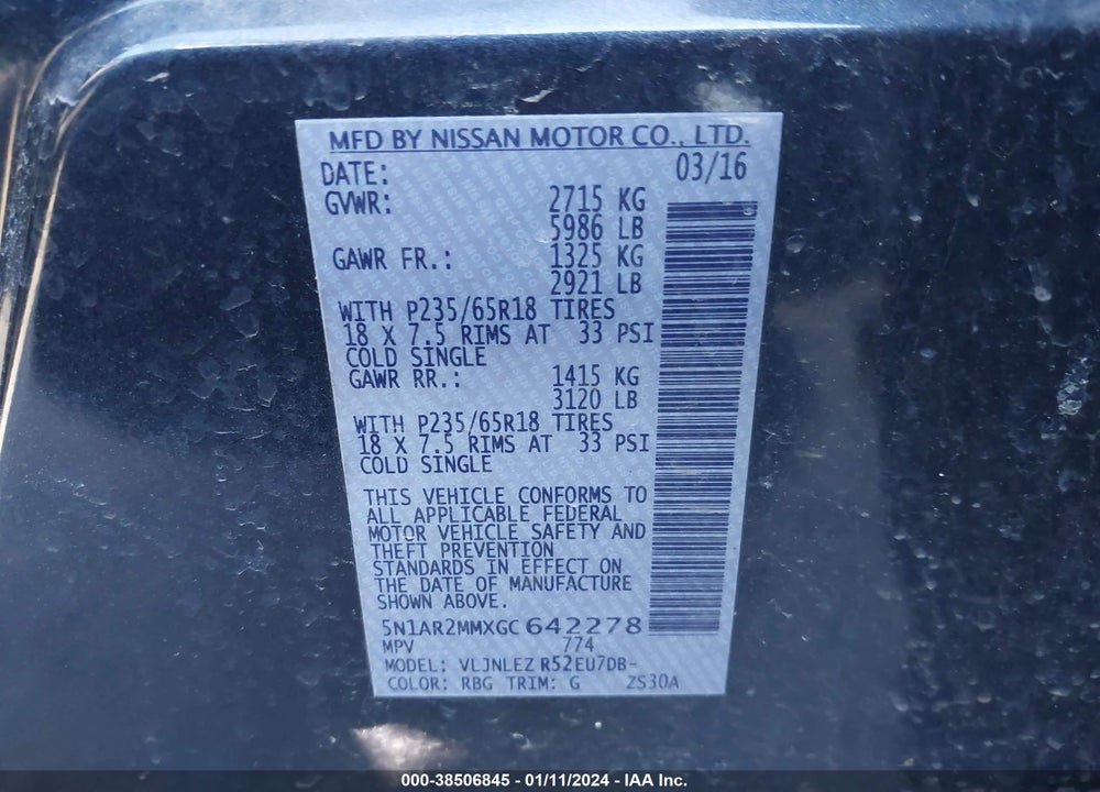 2016 NISSAN PATHFINDER SV VIN: 5N1AR2MMXGC642278