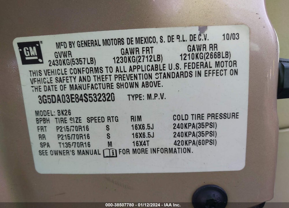 2004 BUICK RENDEZVOUS CX VIN: 3G5DA03E84S532320