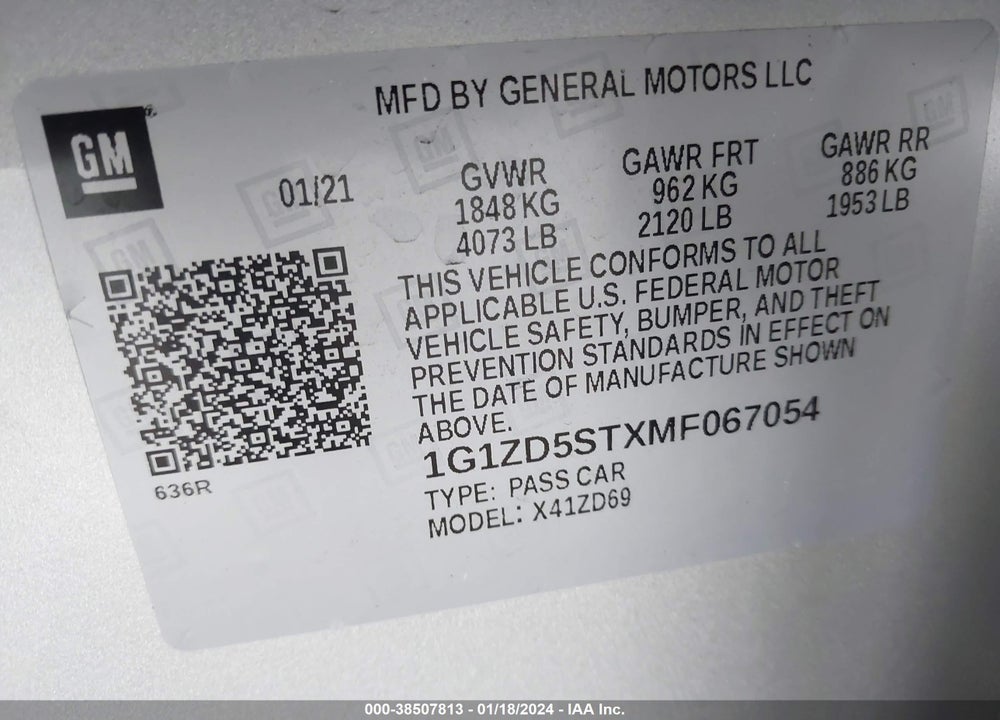 2021 CHEVROLET MALIBU FWD LT VIN: 1G1ZD5STXMF067054