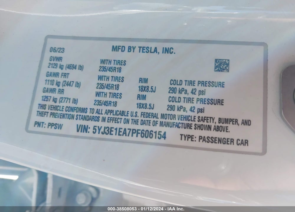2023 TESLA MODEL 3 REAR-WHEEL DRIVE VIN: 5YJ3E1EA7PF606154