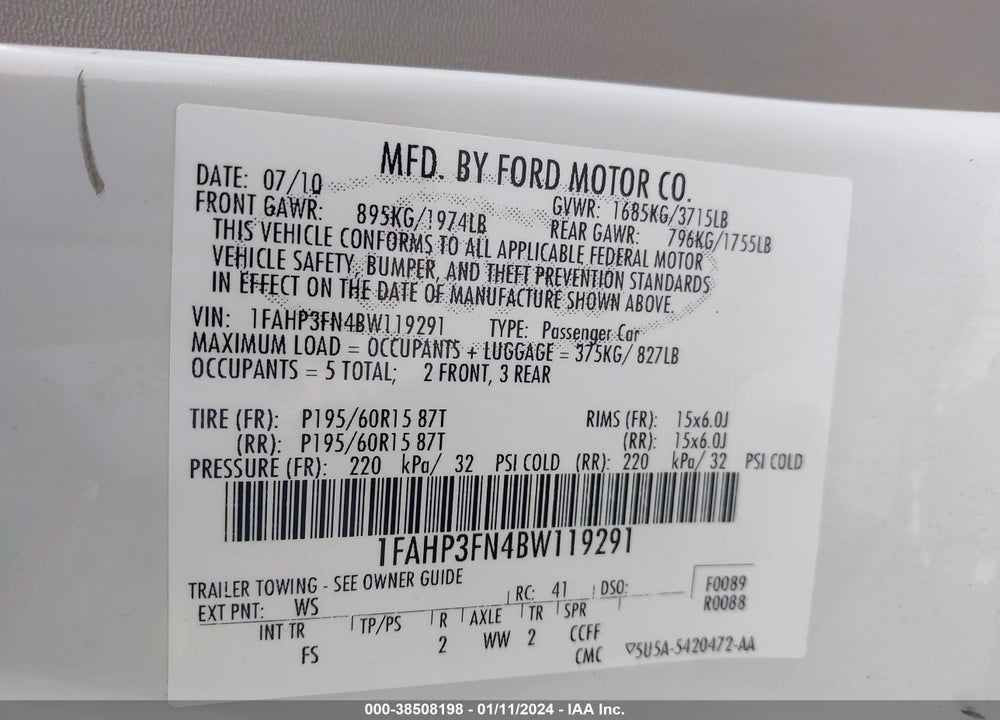 2011 FORD FOCUS SE VIN: 1FAHP3FN4BW119291
