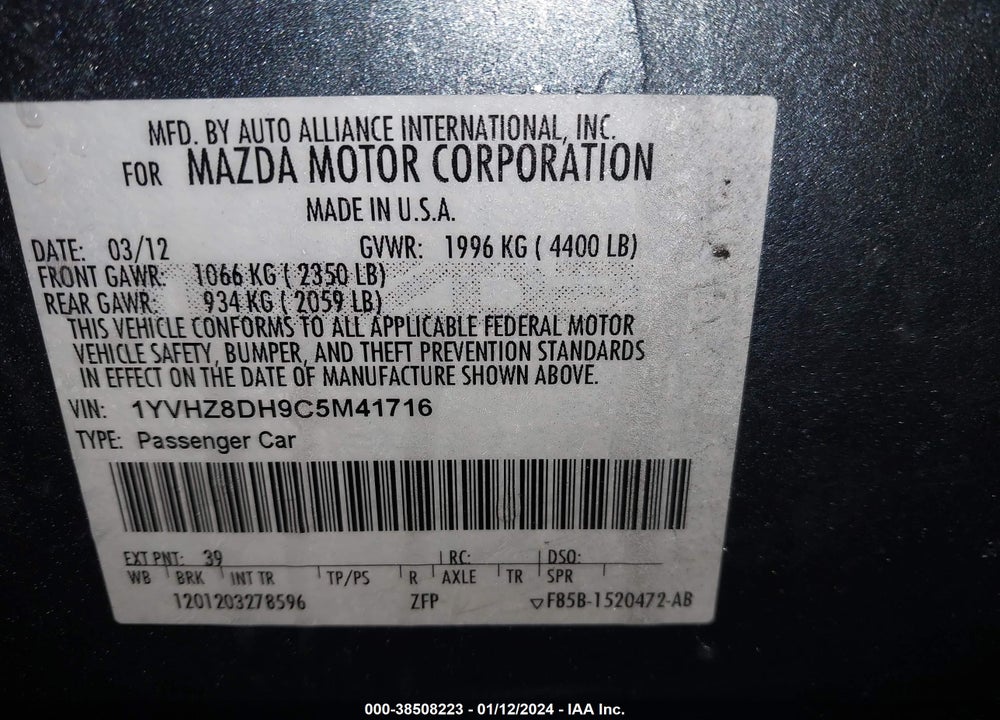 2012 MAZDA 6 I TOURING VIN: 1YVHZ8DH9C5M41716