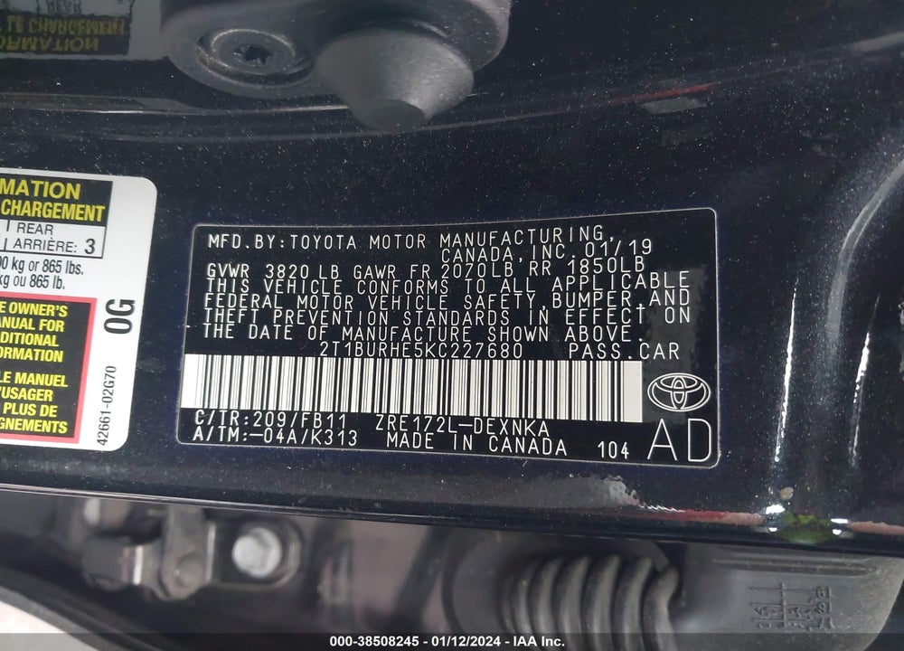 2019 TOYOTA COROLLA LE VIN: 2T1BURHE5KC227680