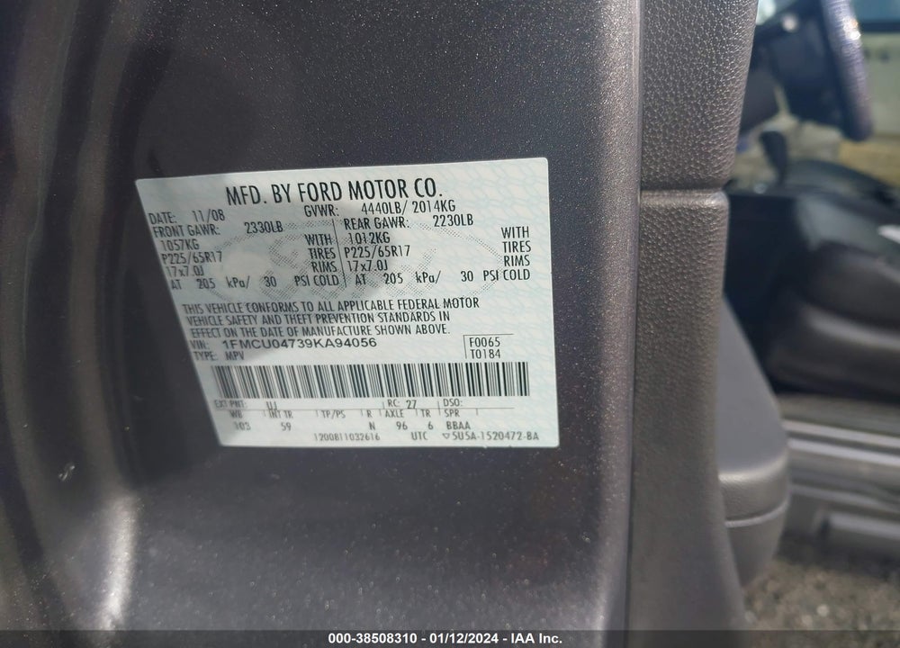 2009 FORD ESCAPE LIMITED VIN: 1FMCU04739KA94056