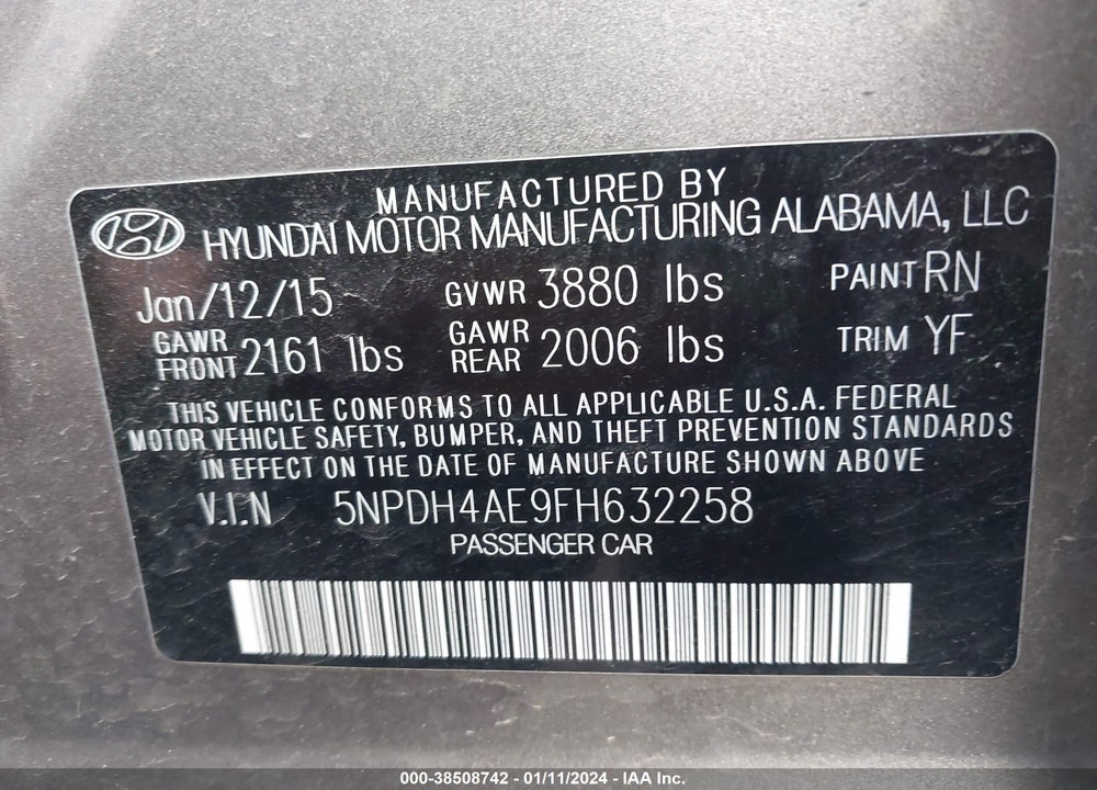 2015 HYUNDAI ELANTRA SE VIN: 5NPDH4AE9FH632258